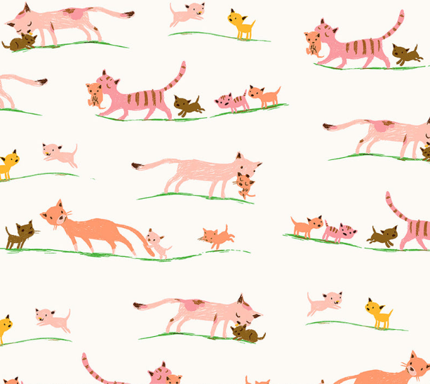 Heather Ross -Studio Edit, marching kittens on cream