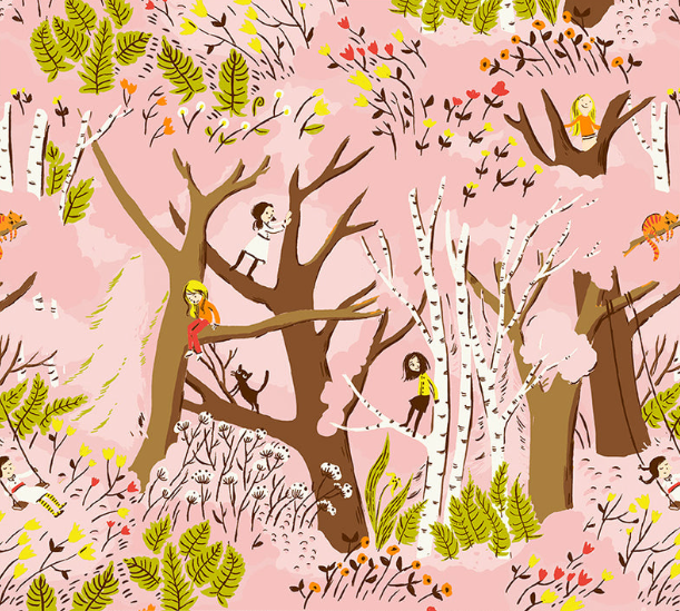 Heather Ross -Studio Edit, girls in trees on pink