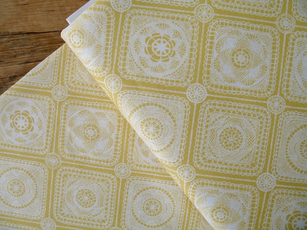 Rebecca Stoner Prairie lace tablecloth on yellow