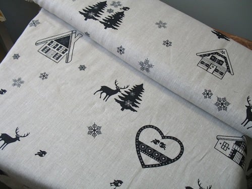 'La chateaux des Alpes' Robins at Christmas pure linen in black (WIDE)