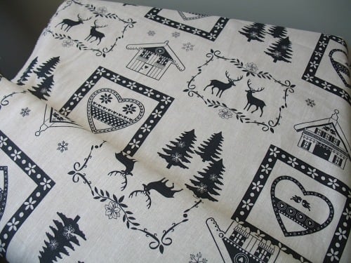 'La chateaux des Alpes' Christmas Swiss themed pure linen in black (WIDE)