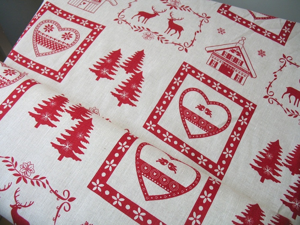 'La chateaux des Alpes' Christmas Swiss themed pure linen on natural (WIDE)