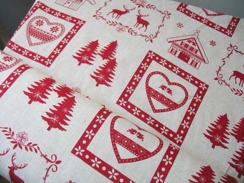 'La chateaux des Alpes' Christmas Swiss themed pure linen on natural (WIDE
