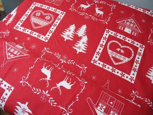  'La chateaux des Alpes' Christmas Swiss themed pure linen in red (WIDE)