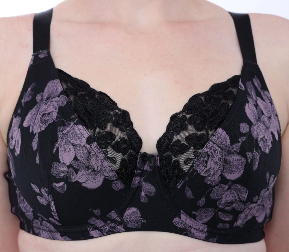 LG640 - 25 PCS PURPLE FLORAL BLACK BRA 34D - 44G - £8.60 each