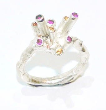Quirky citrine and rhodalite gemstone cluster ring