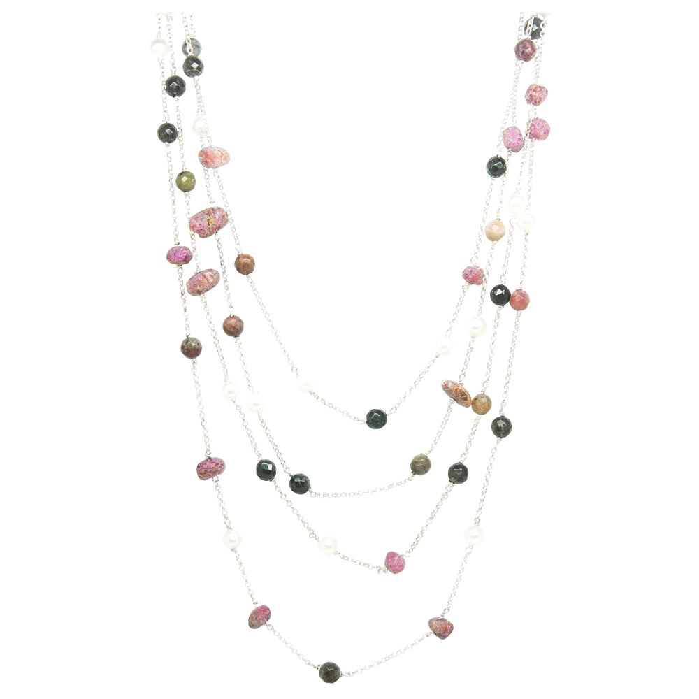 Handmade silver gemstone necklace with rubies, tourmalines and pearls