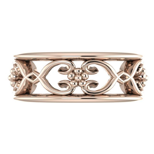 Flowers On The Vine with rail wedding ring, Rose Gold.