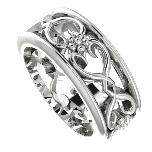 Flowers On The Vine with rail wedding ring, white gold.