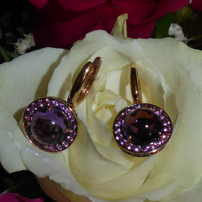amethyst and sapphire rose gold earrings