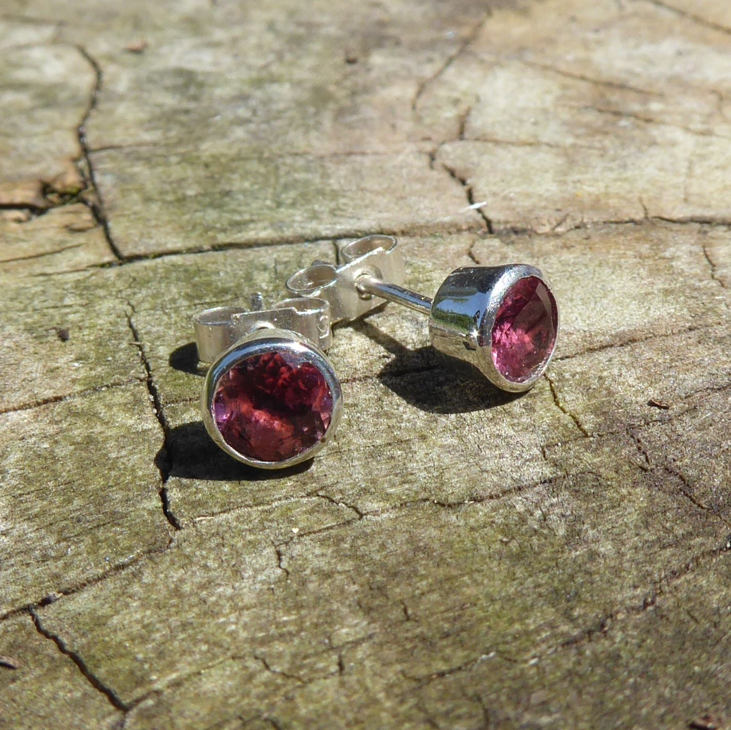 Pink tourmaline gemstone silver stud earrings