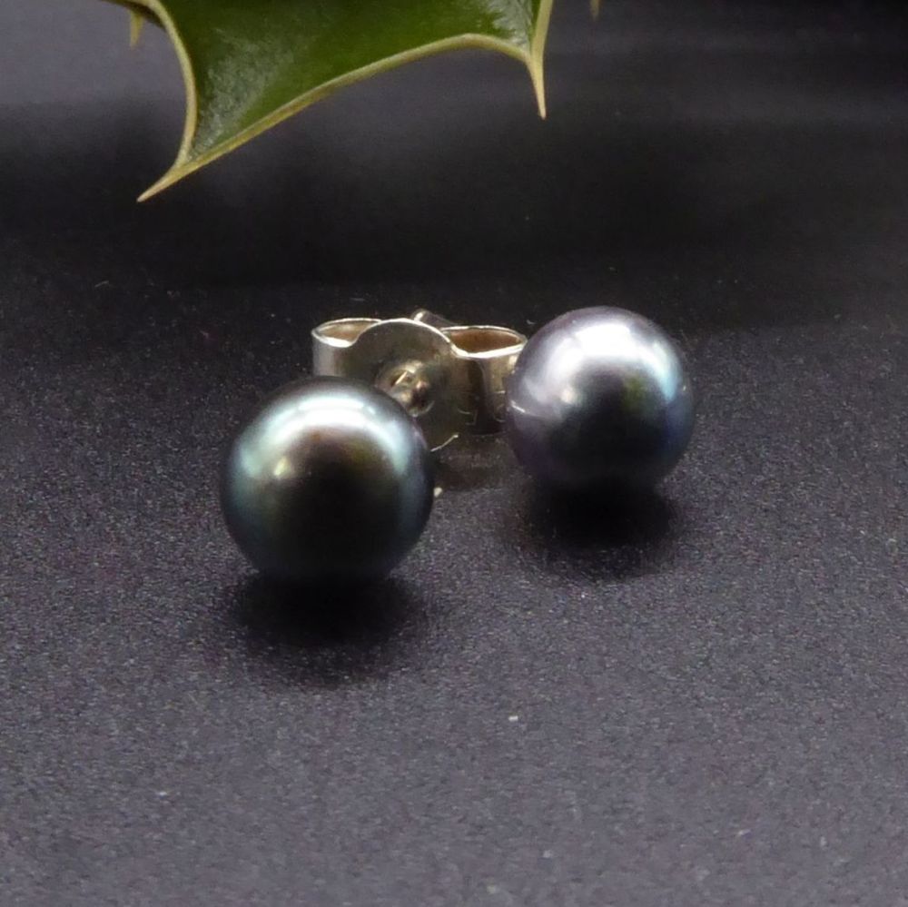 Black Peacock Pearl Studs with silver backs 5-6mm
