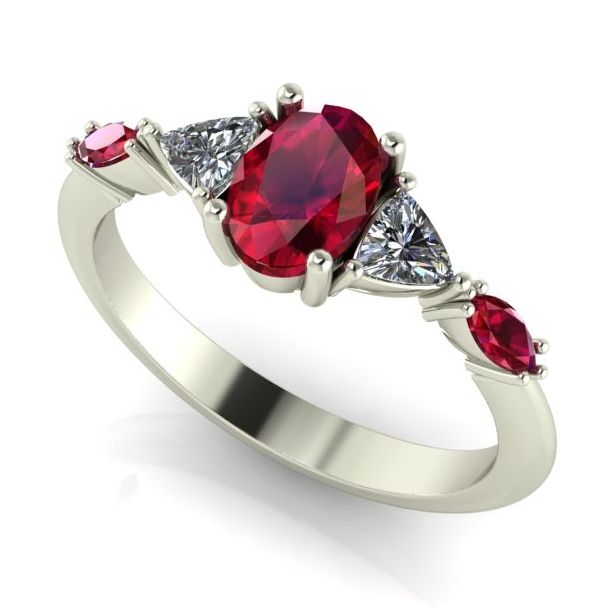 Oval ruby and diamond five gemstone engagement ring