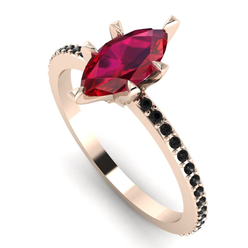 Unique and unusual ruby and black diamond rose gold engagement ring