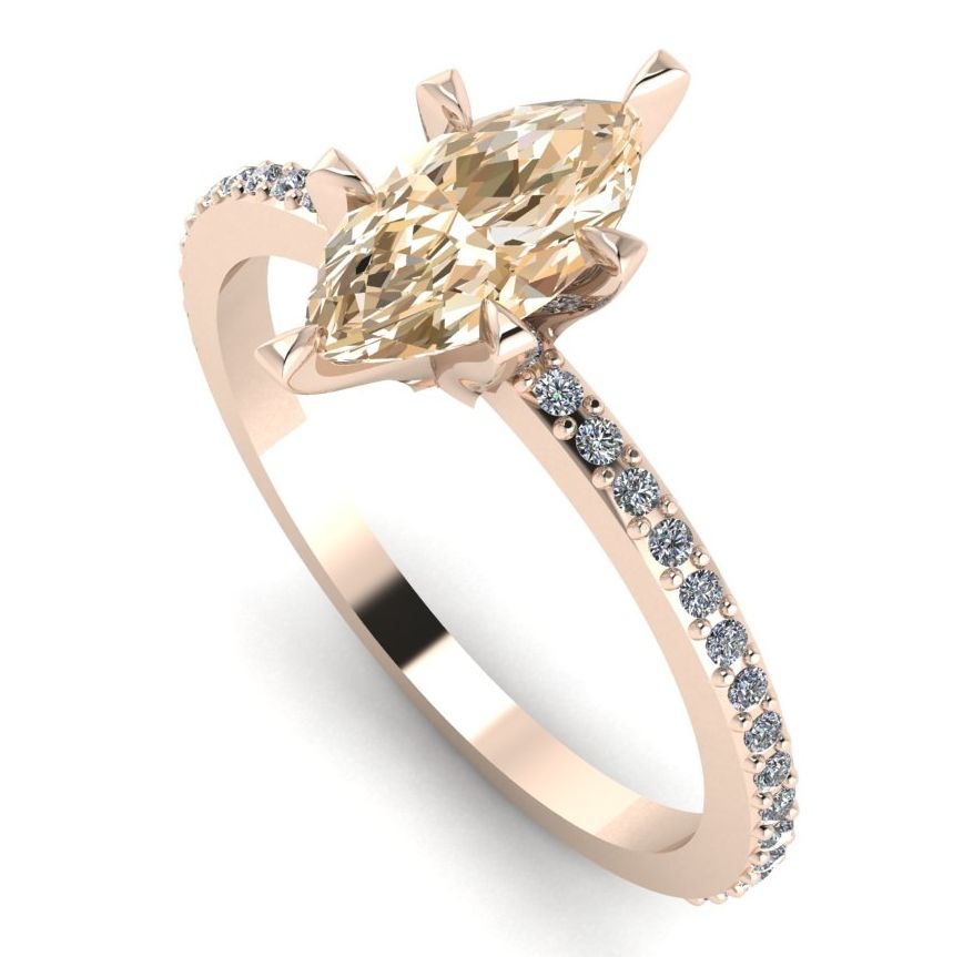 Marquise shaped champagne diamond set in a modern and unusual rose gold and diamond ring