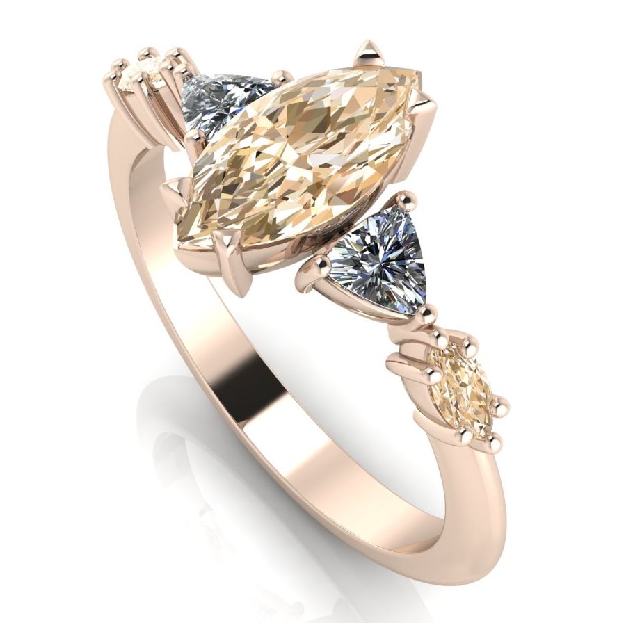 Marquise shaped champagne diamond and white diamond rose gold engagement ring
