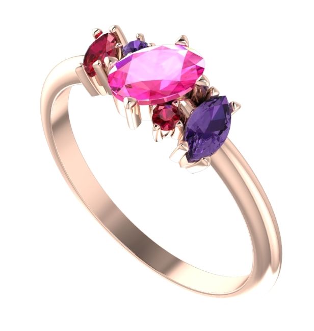 Rose Sunrise - Asymmetrical pinks sapphire, violet sapphire, ruby and rose gold gemstone ring 