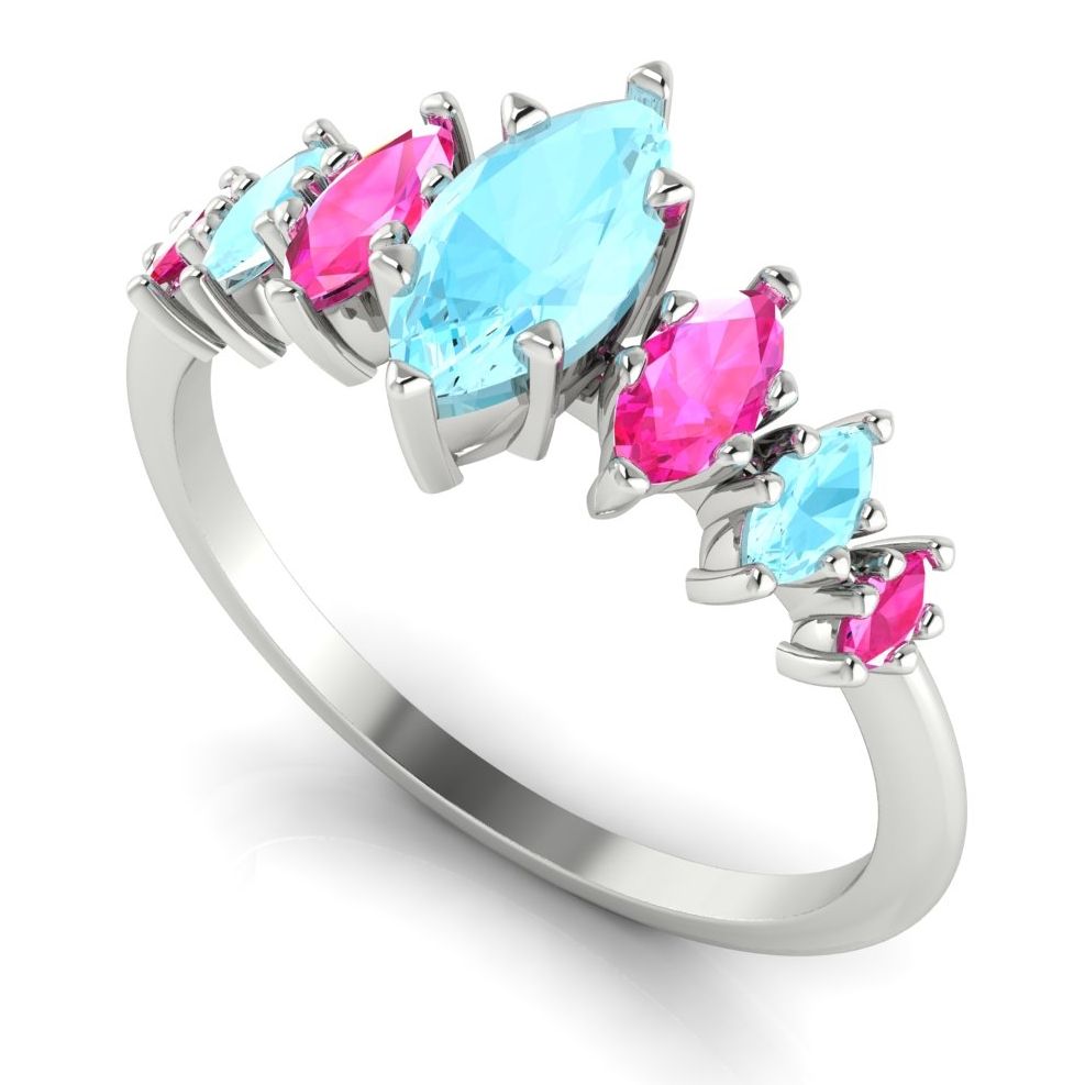 Marquise shaped aquamarine and pink sapphire colour clash quirky engagement ring