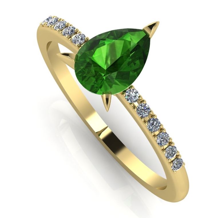 Green pear shaped gemstone set in yellow gold with diamonds engagement ring