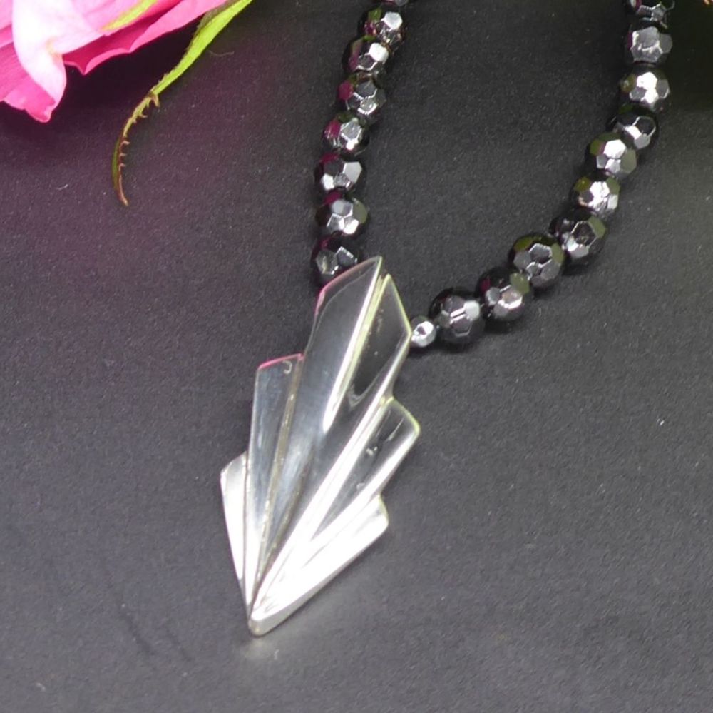 Large Art Deco Silver Necklace and Onyx gemstones (2)