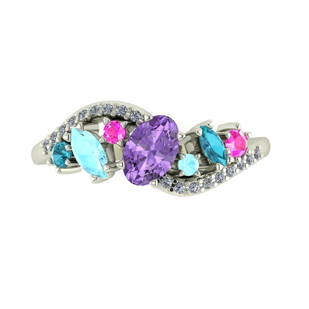 Violet Sapphire with Aquamarine , pink sapphire, zircon and diamonds
