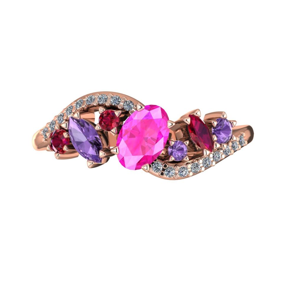 Pink Sapphire With Violet Sapphires, Rubies And Diamonds