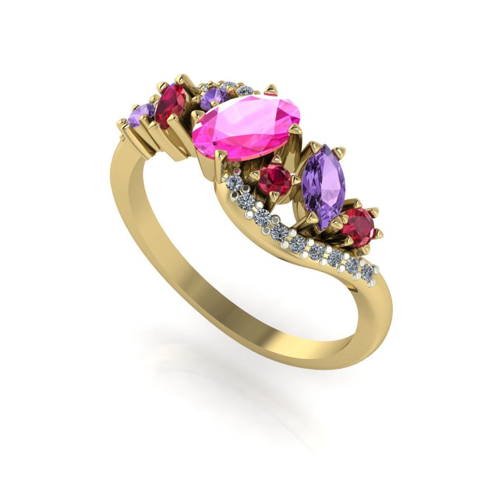 Atlantis Storm Pink Sapphire With Violet Sapphire, Rubies And Diamonds - Yellow Gold