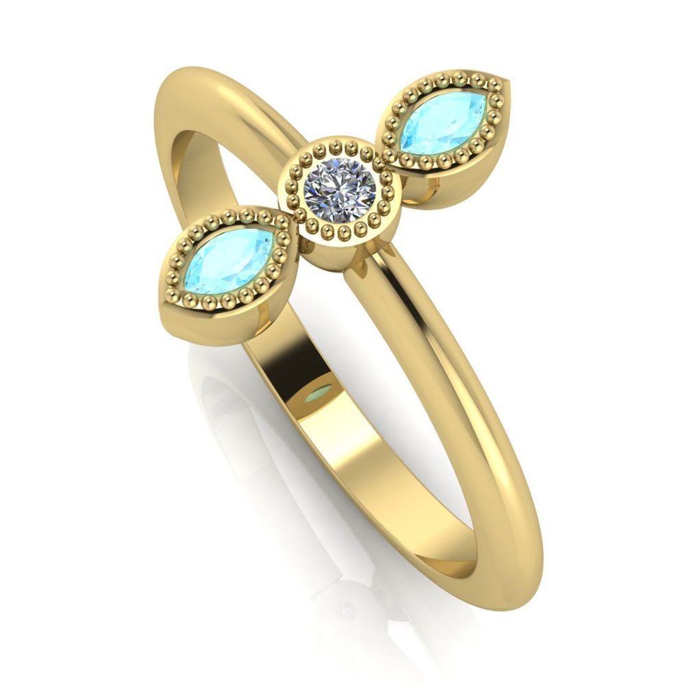 Astraea Trilogy - Aqua, Diamond & Yellow Gold Ring