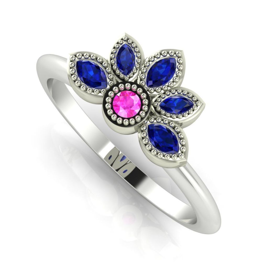Astraea Liberty Pink Sapphire With Blue Sapphires & White Gold Ring