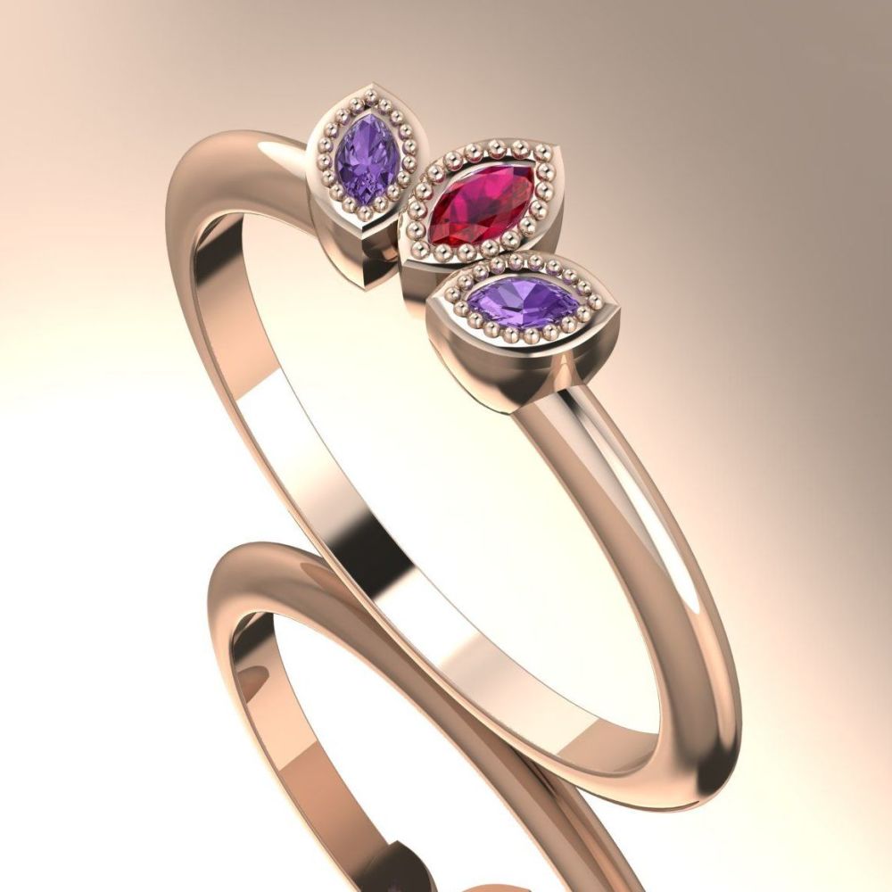 Astraea Echo - Violet Sapphires, Ruby & Rose Gold Ring
