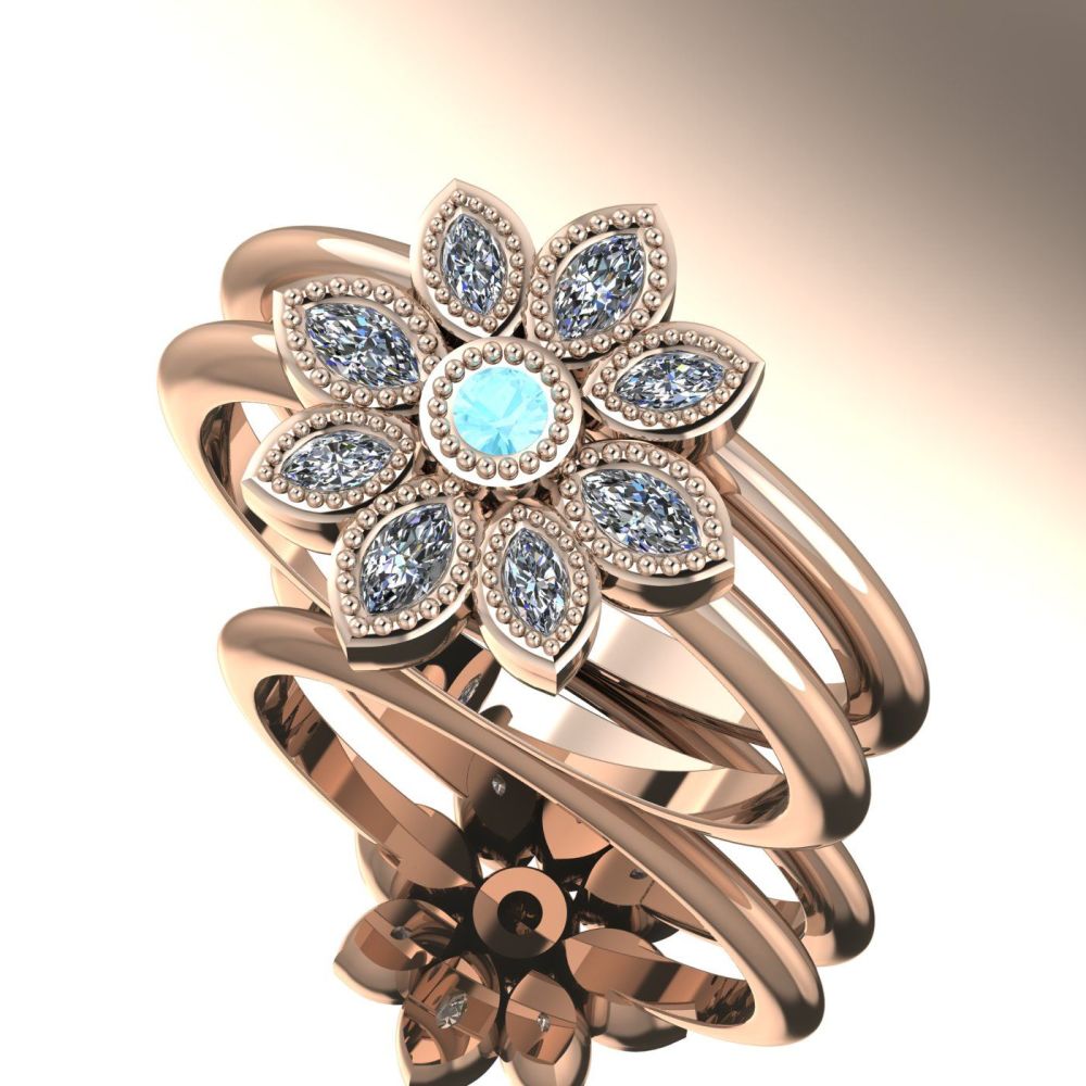 Astraea Liberty & Echo Wedding & Engagement Rose Gold Ring Set - Aquamarine With Diamonds
