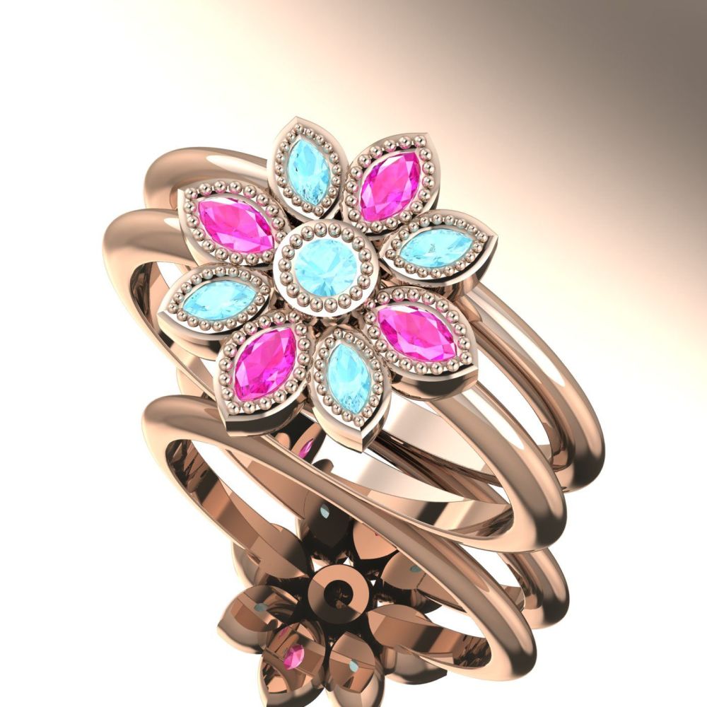 Astraea Liberty & Echo Wedding & Engagement Ring Set - Aquamarines With Pink Sapphires & Rose Gold