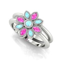 Astraea Liberty & Echo Wedding & Engagement Ring Set - Aquamarines With Pink Sapphires & White Gold