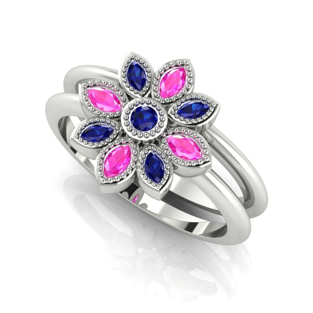 Astraea Liberty & Echo Wedding & Engagement Ring Set - Blue & Pink Sapphires & White Gold