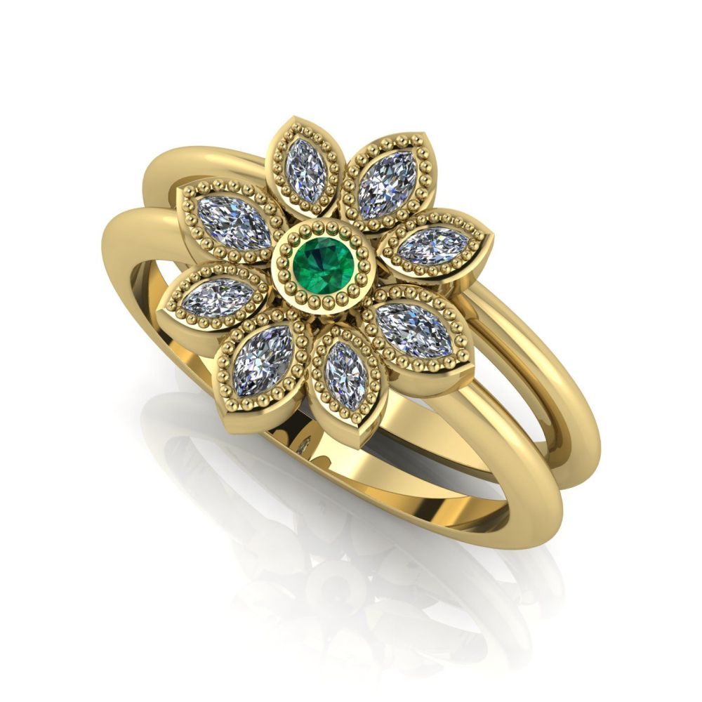 Astraea Liberty & Echo Wedding & Engagement Yellow Gold Ring Set - Emerald With Diamonds
