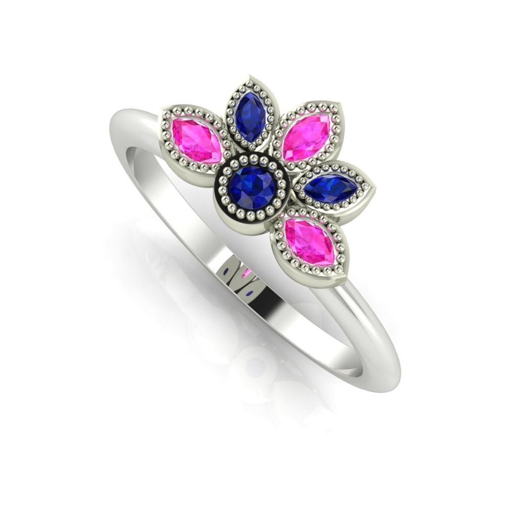 Astraea Liberty & Echo Wedding & Engagement Ring Set - Blue & Pink Sapphires & White Gold