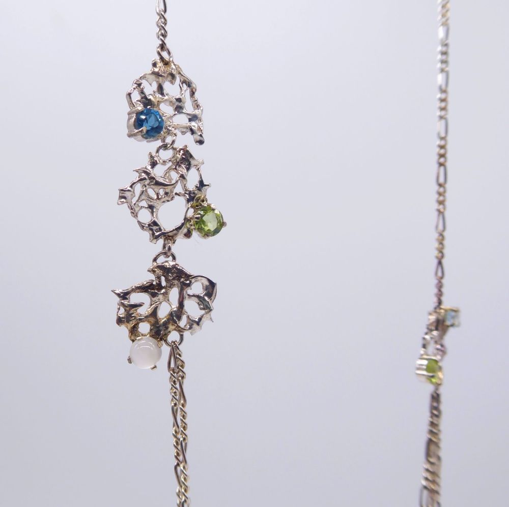 Long  Gemstone Silver Web Necklace