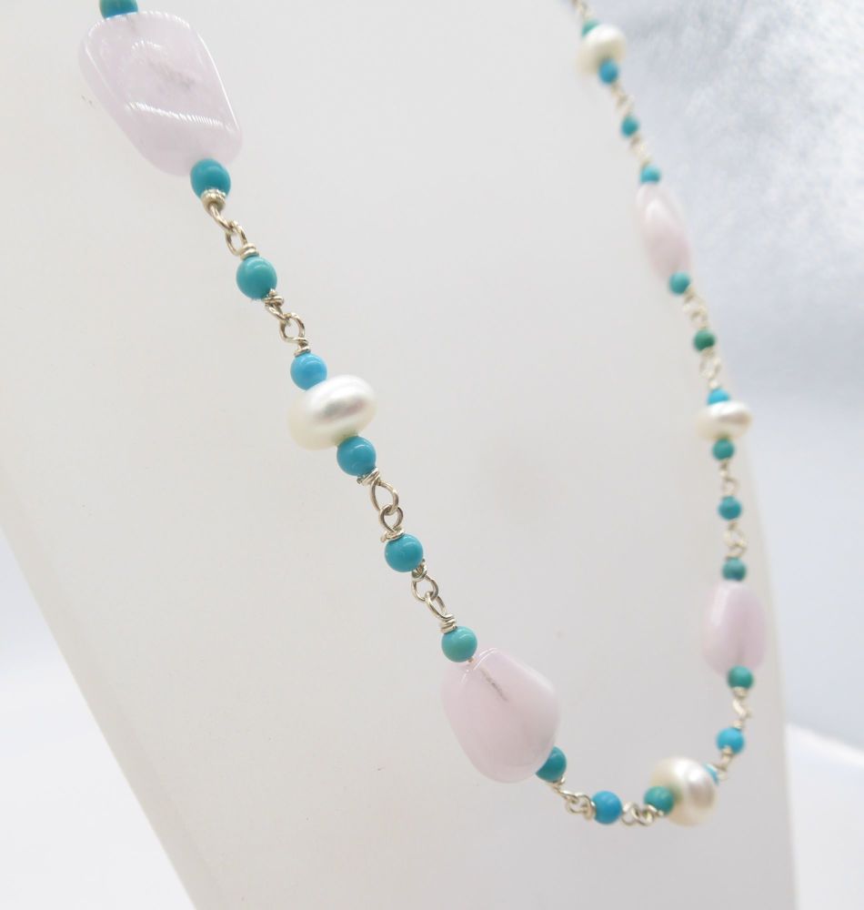 Turquoise, rose quartz and pearl necklace
