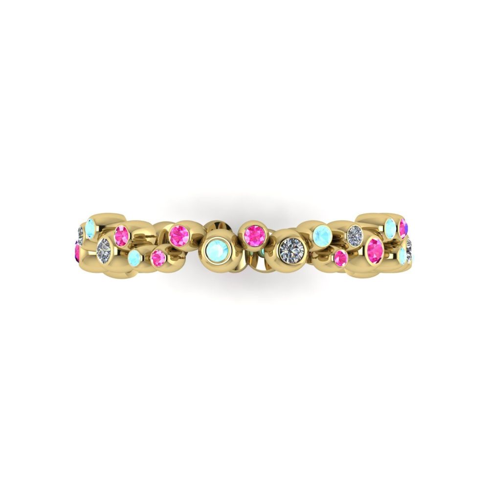 Yellow Gold Bubble Diamond, Pink Sapphire & Aquamarine Eternity Ring