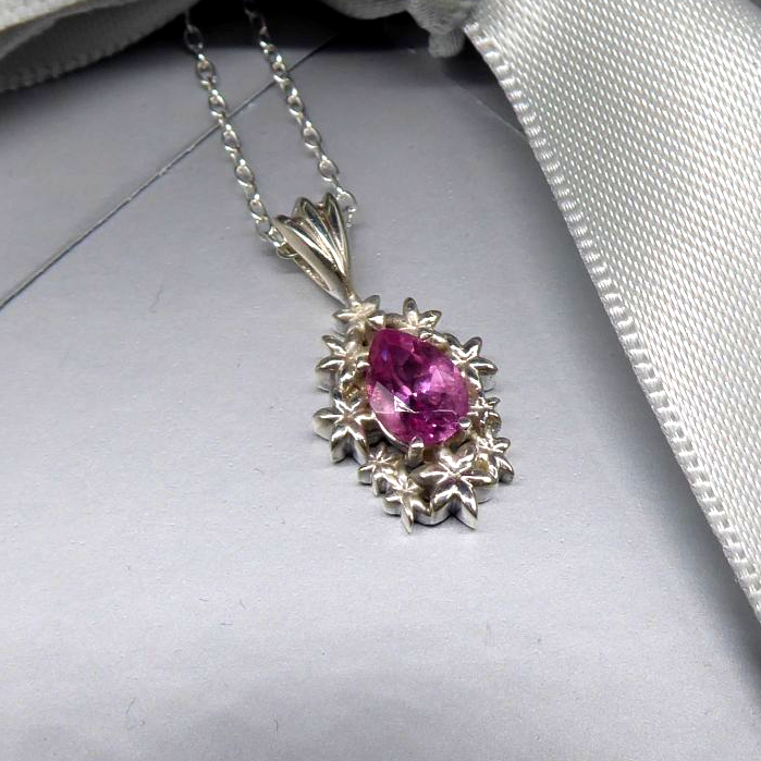 pink tourmaline silver fleur pendant