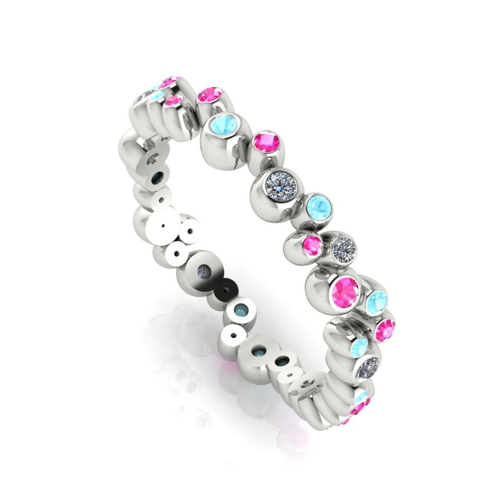 White Gold Bubble Diamond, Pink Sapphire & Aquamarine Eternity Ring
