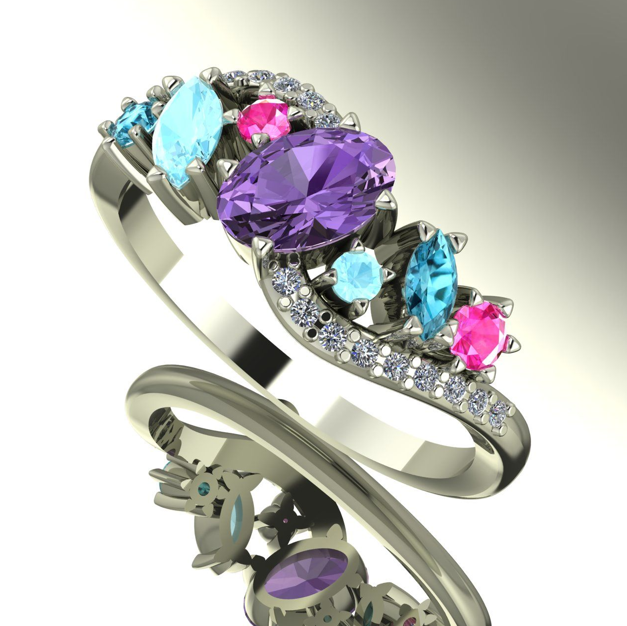 Atlantis Storm Violet Sapphire with Aquamarine , pink sapphire, zircon and diamonds - White Gold