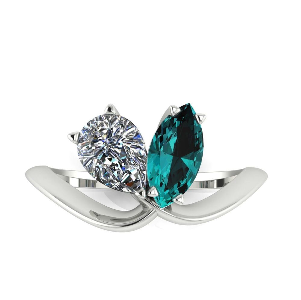 Entwined - Toi Et Moi - Teal Sapphire & Diamond Ring - White Gold