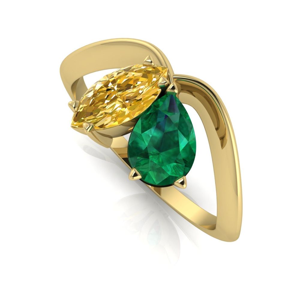 Entwined - Toi Et Moi - Emerald & Yellow Diamond Ring - Yellow Gold