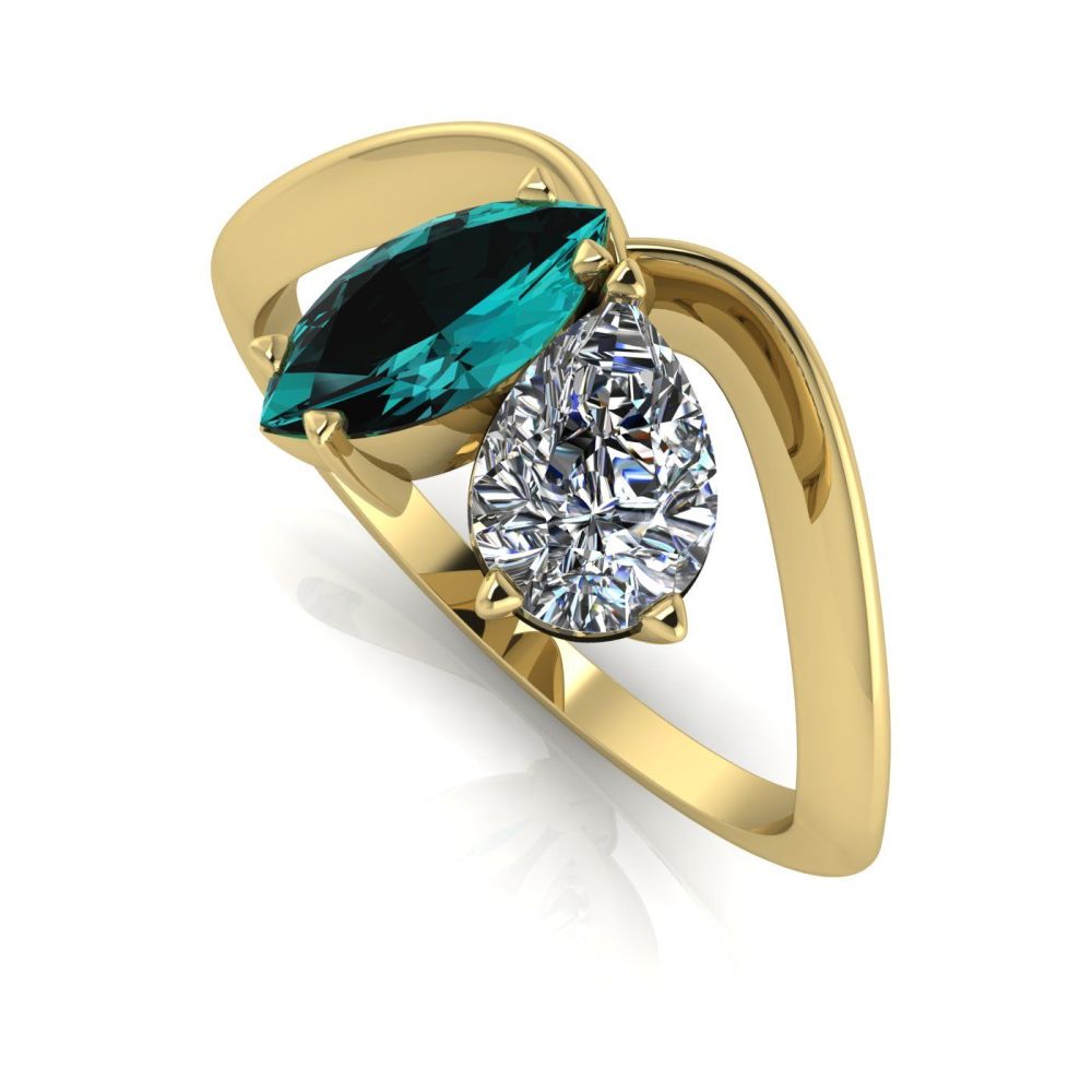 Entwined - Toi Et Moi  Teal Sapphire & Diamond Ring - Yellow Gold