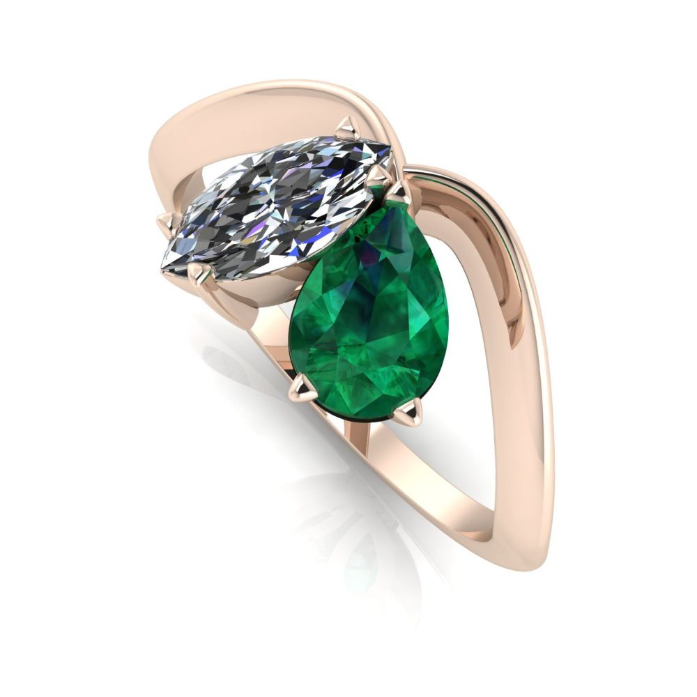 Entwined - Toi Et Moi - Emerald & Diamond Ring - Rose Gold