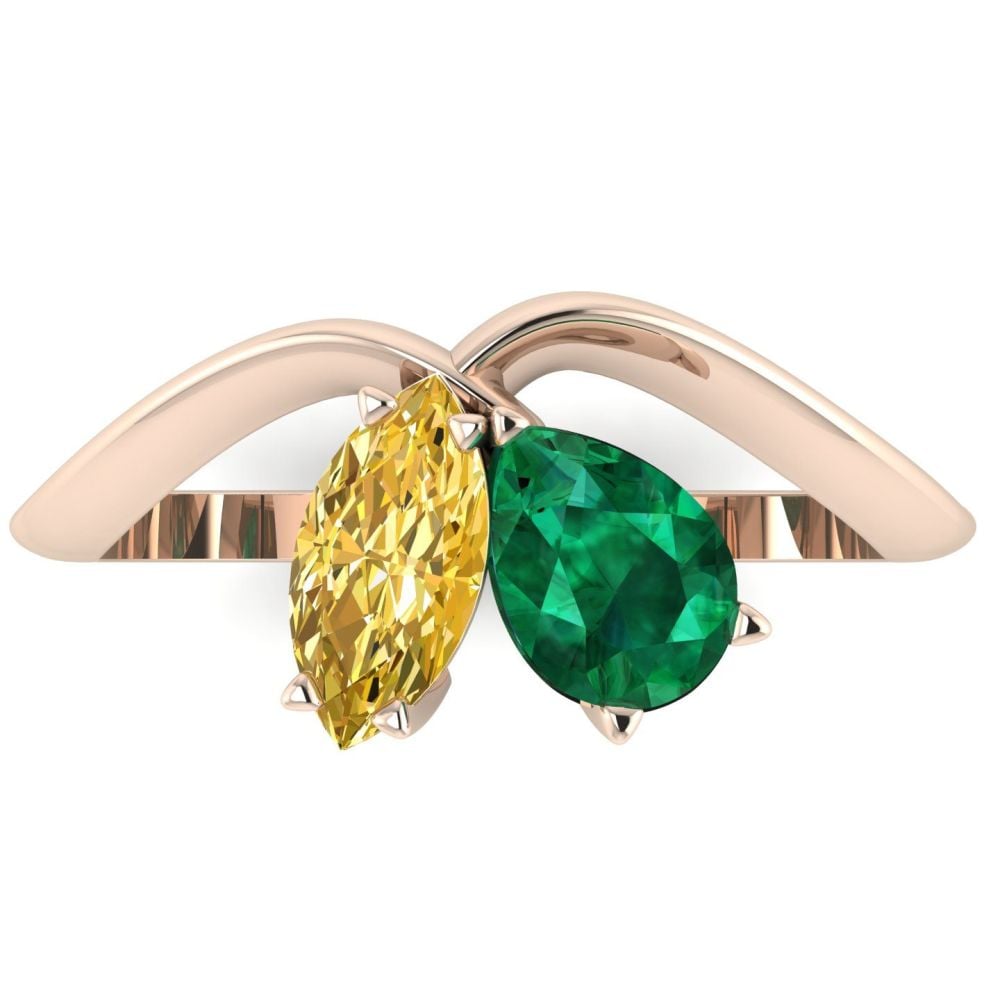 Entwined - Toi Et Moi - Emerald & Yellow Diamond Ring - Rose Gold