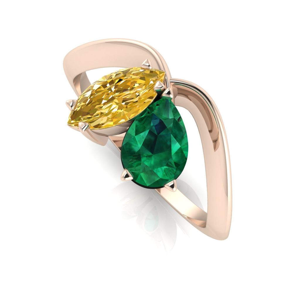 Entwined - Toi Et Moi - Emerald & Yellow Diamond Ring - Rose Gold