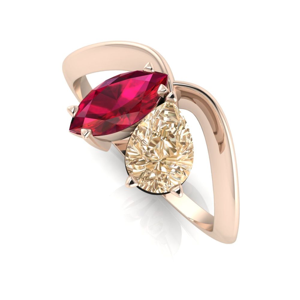 Entwined - Toi Et Moi Champagne Diamond & Ruby Ring - Rose Gold