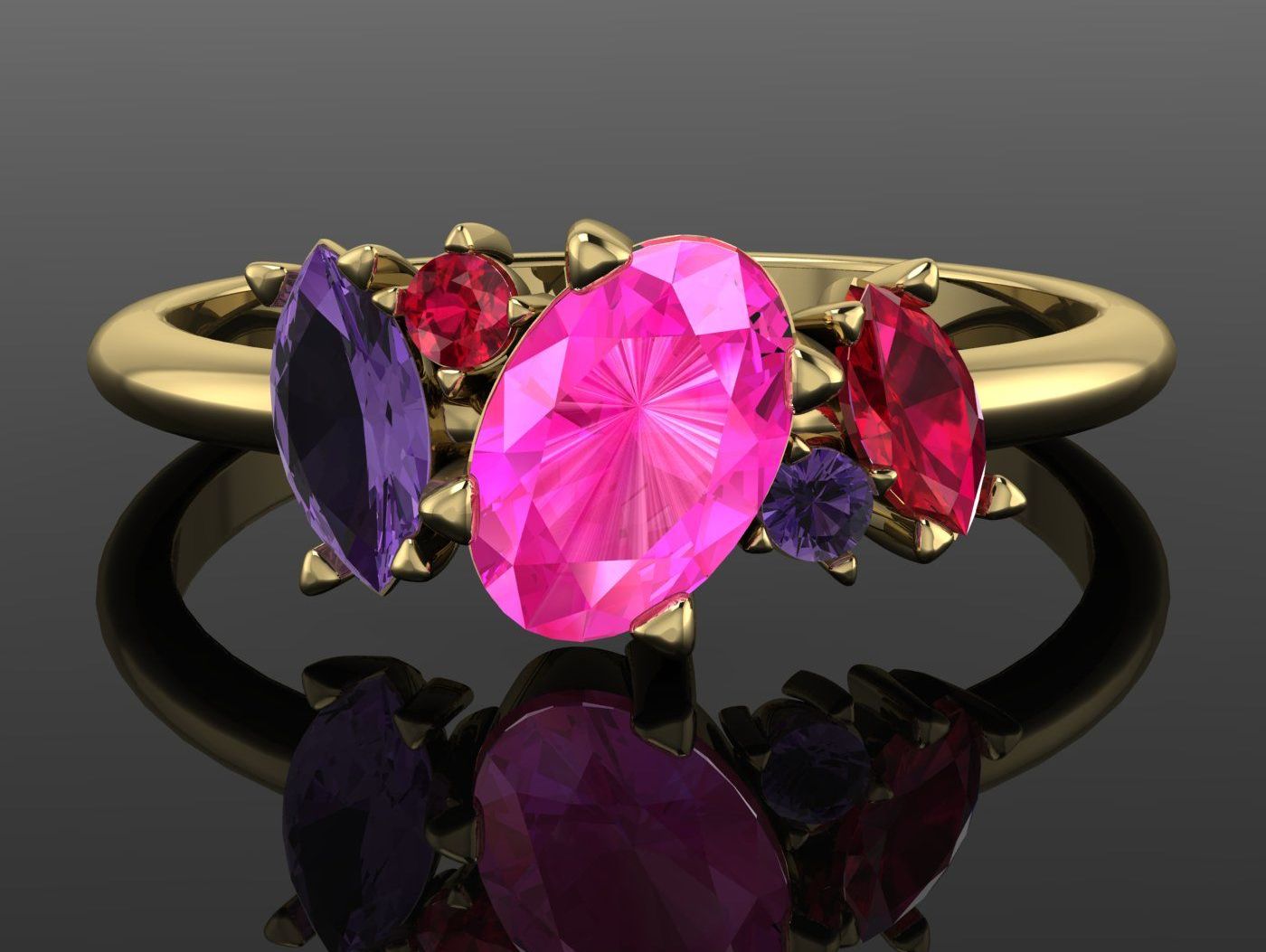Unique & unusual asymmetrical gemstone engagement ring featuring exquisite purple and pink sapphires and ruby's